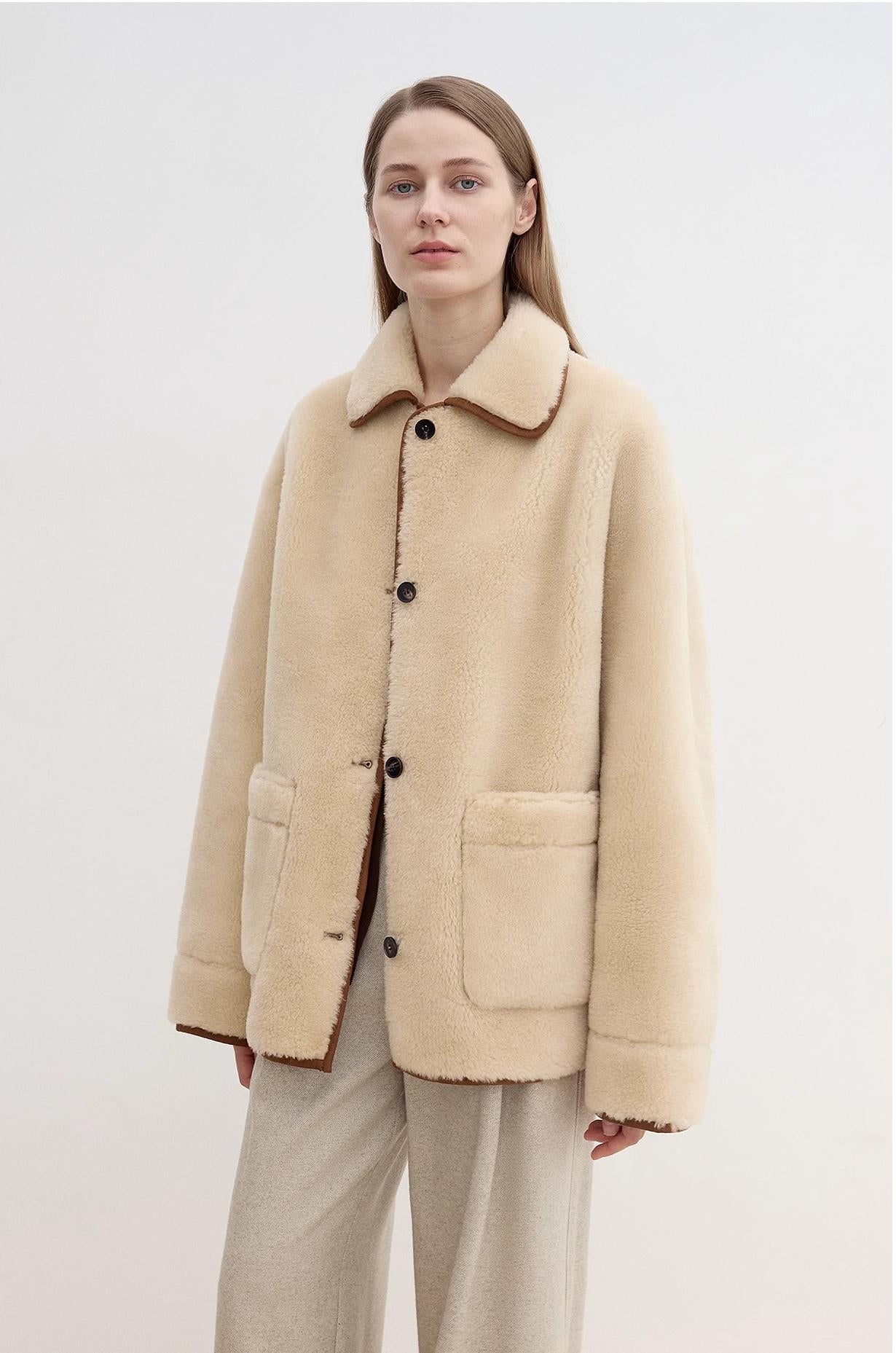 "Winter Concerto" Lapel Wool Artificial Compound Suede Vintage Contrast Colored Shearling Coat
