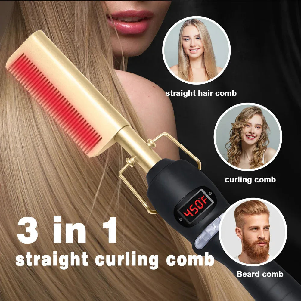 Multi-Functional Three-In-One Hair Curler Straightener Beard Comb