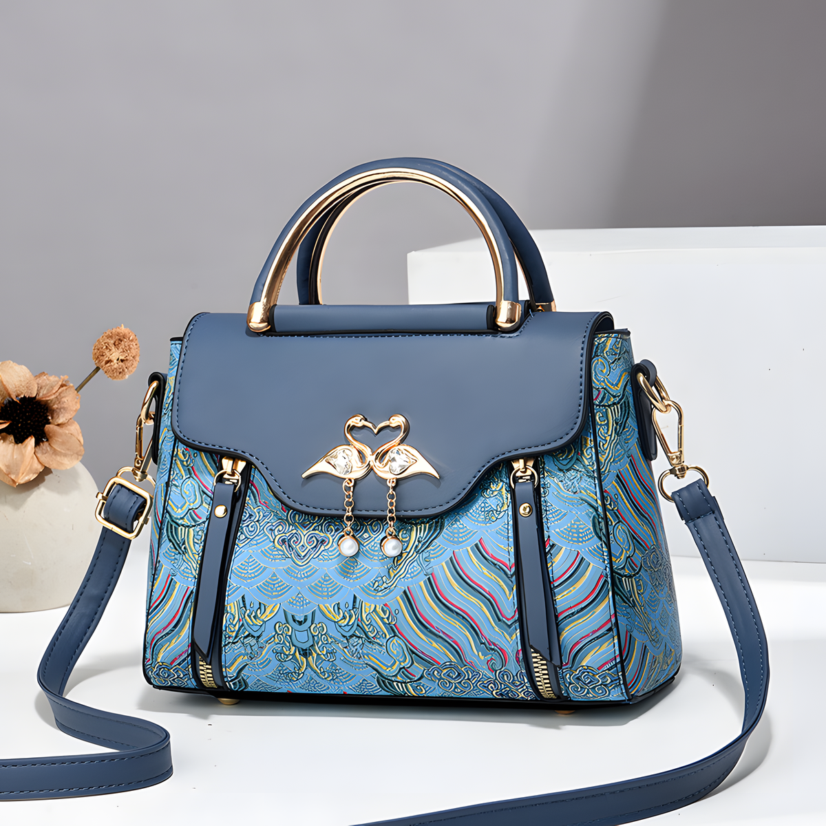 Bird-Charm Printed Shoulder Bag