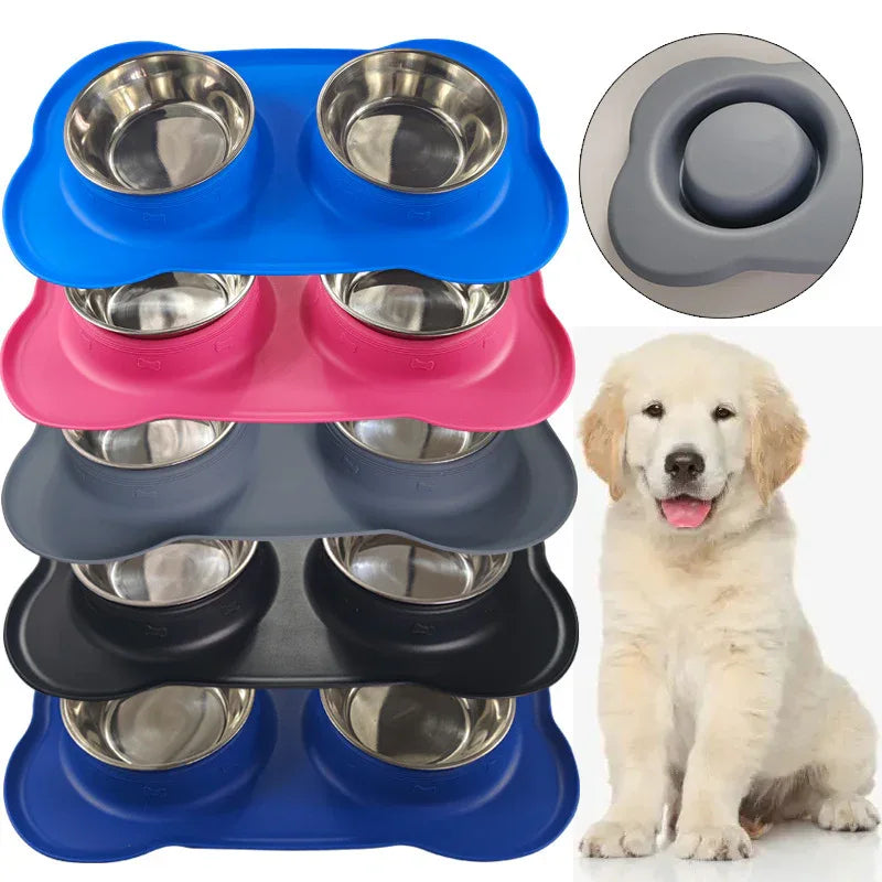 Large Silicone Pet Bowl Double Stainless Steel Dog Bowl