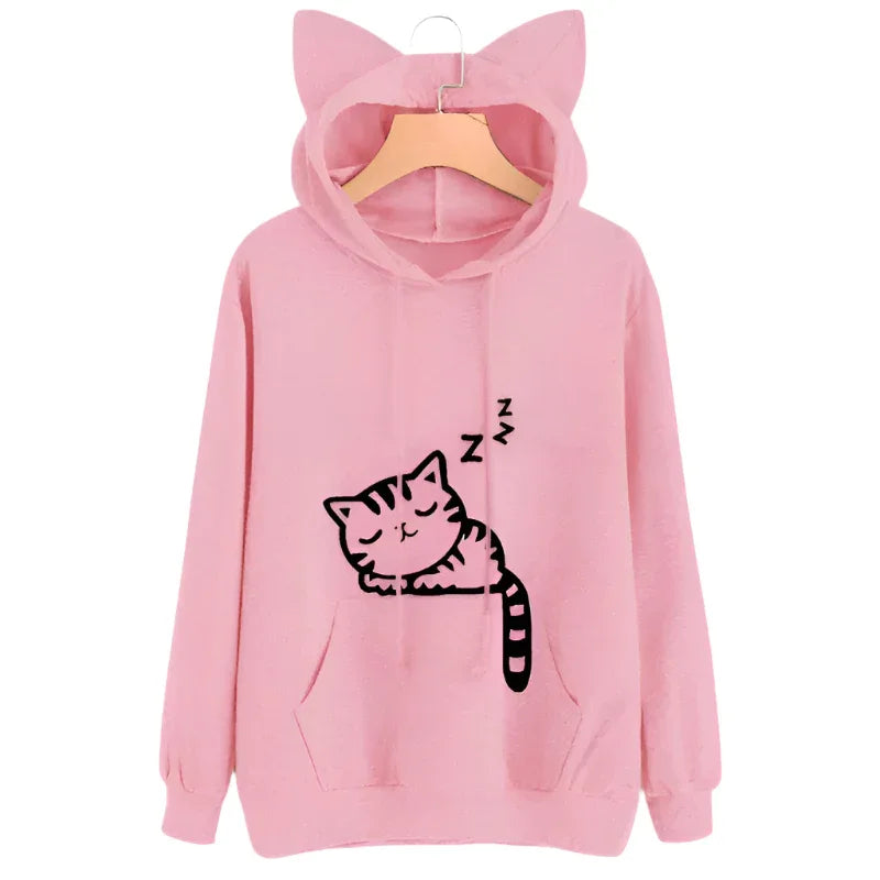 Female Women Casual Hoodies Sweater Long Sleeve Cute Ears Printed Hoodies Tracksuit Outerwear Sweatshirt