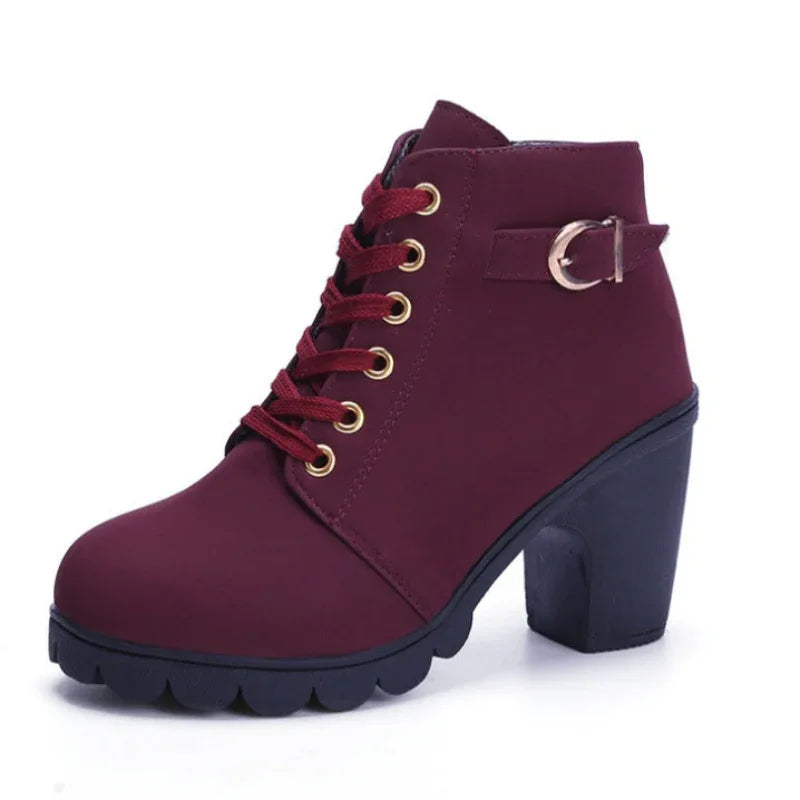 Spring Women's Boots High Quality Solid Lace-Up European Ladies Shoes With High Heels