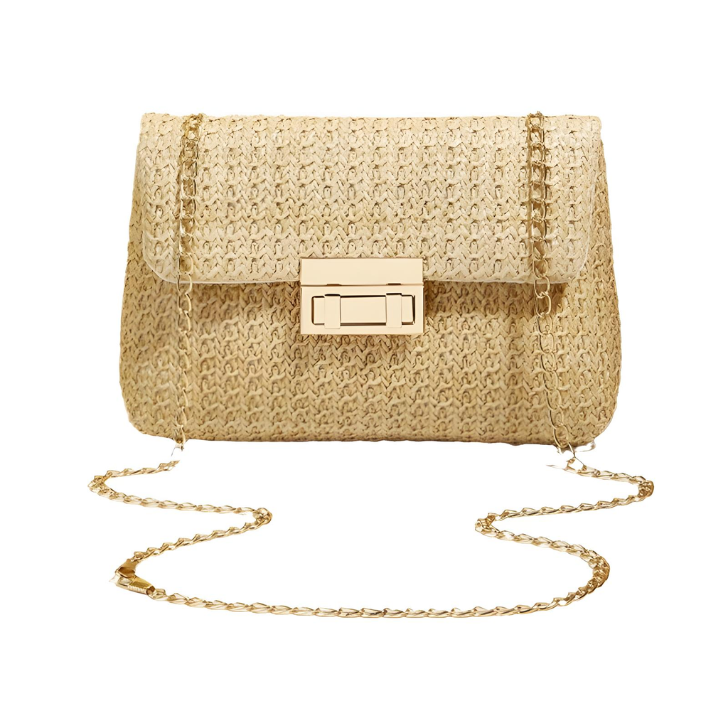 Straw Crossbody Bag With Gold Chain