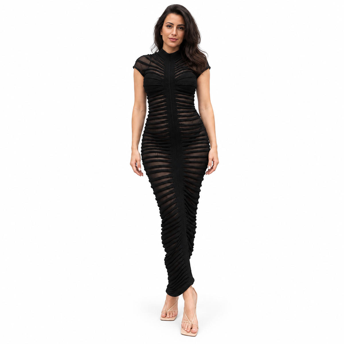 Ruched Short-Sleeve Midi Dress