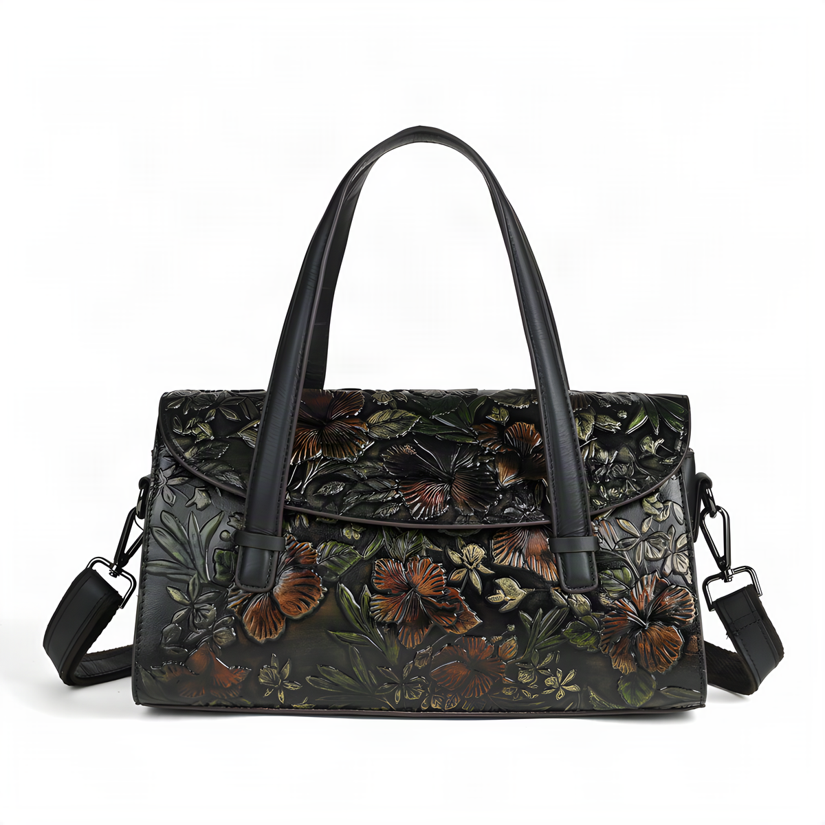 Embossed Floral Leather Shoulder Bag