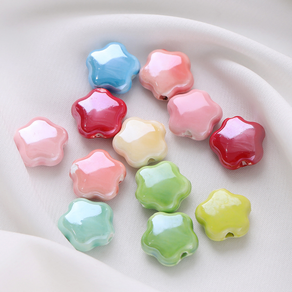 Five-Petal Ceramic Flower Beads, 10-Pack