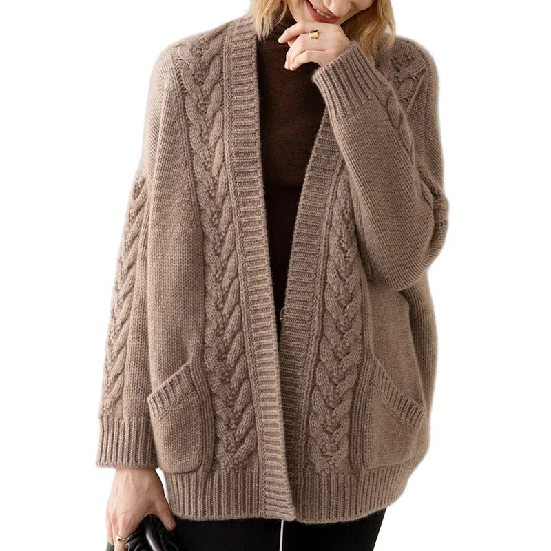 Women's V-Neck Temperament Knitted Loose Twist Mid-Length Sweater