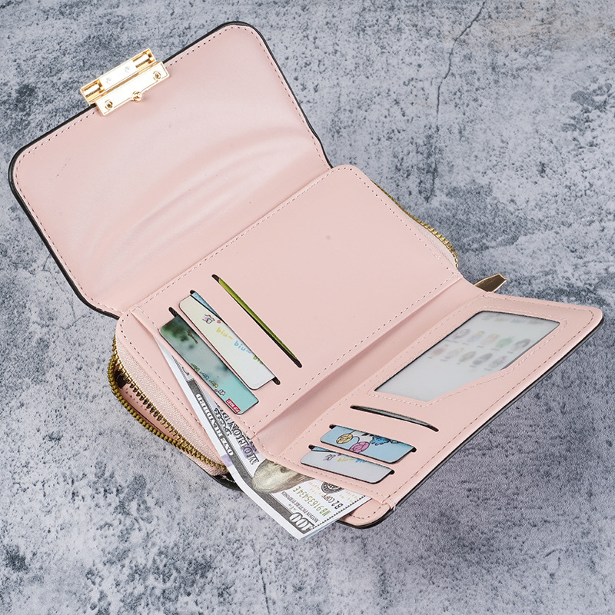 Gold-Clasp Foldover Zip Wallet