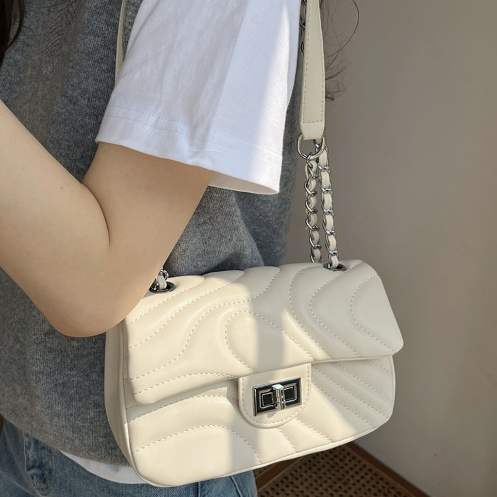 Wave-Quilted Chain Shoulder Bag