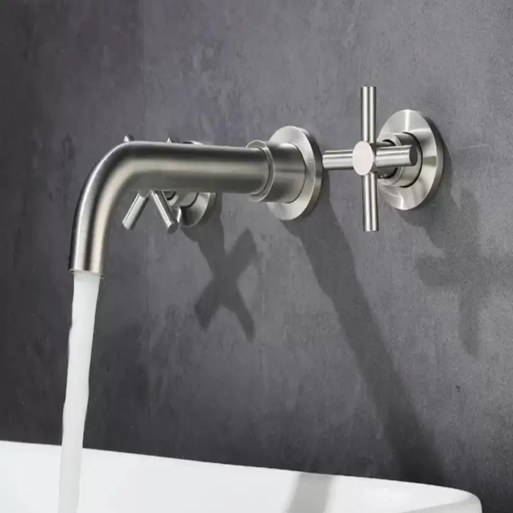 Brushed Silver Cross-Handle Wall Faucet