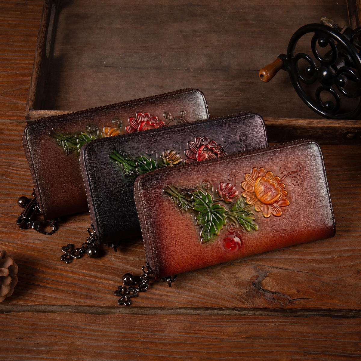 Floral Embossed Leather Zip Wallet