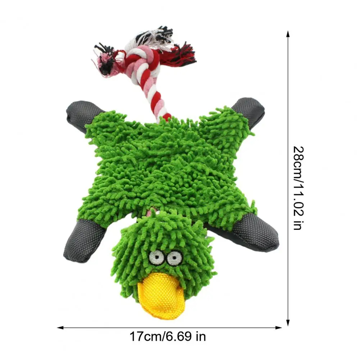 Green Chenille Duck Dog Toy with Rope Tail