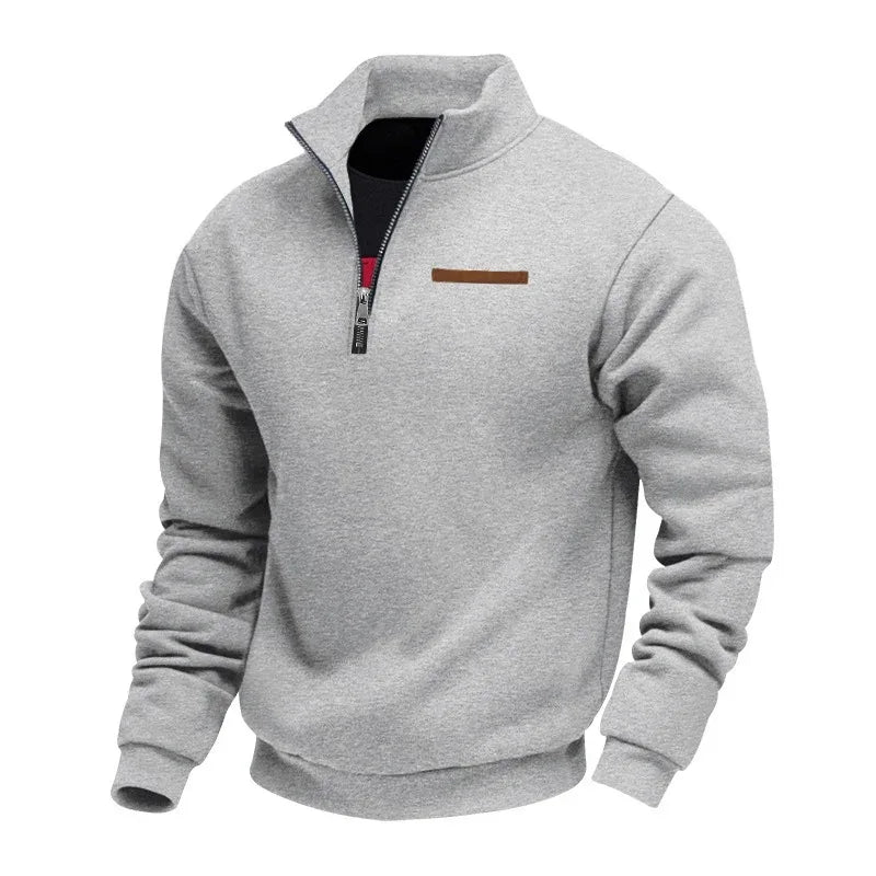 Fleece-Lined Mid-Length Zip-Up Loose-Fit Stand-Up Collar Casual Sweater