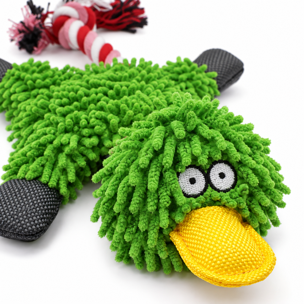 Green Chenille Duck Dog Toy with Rope Tail