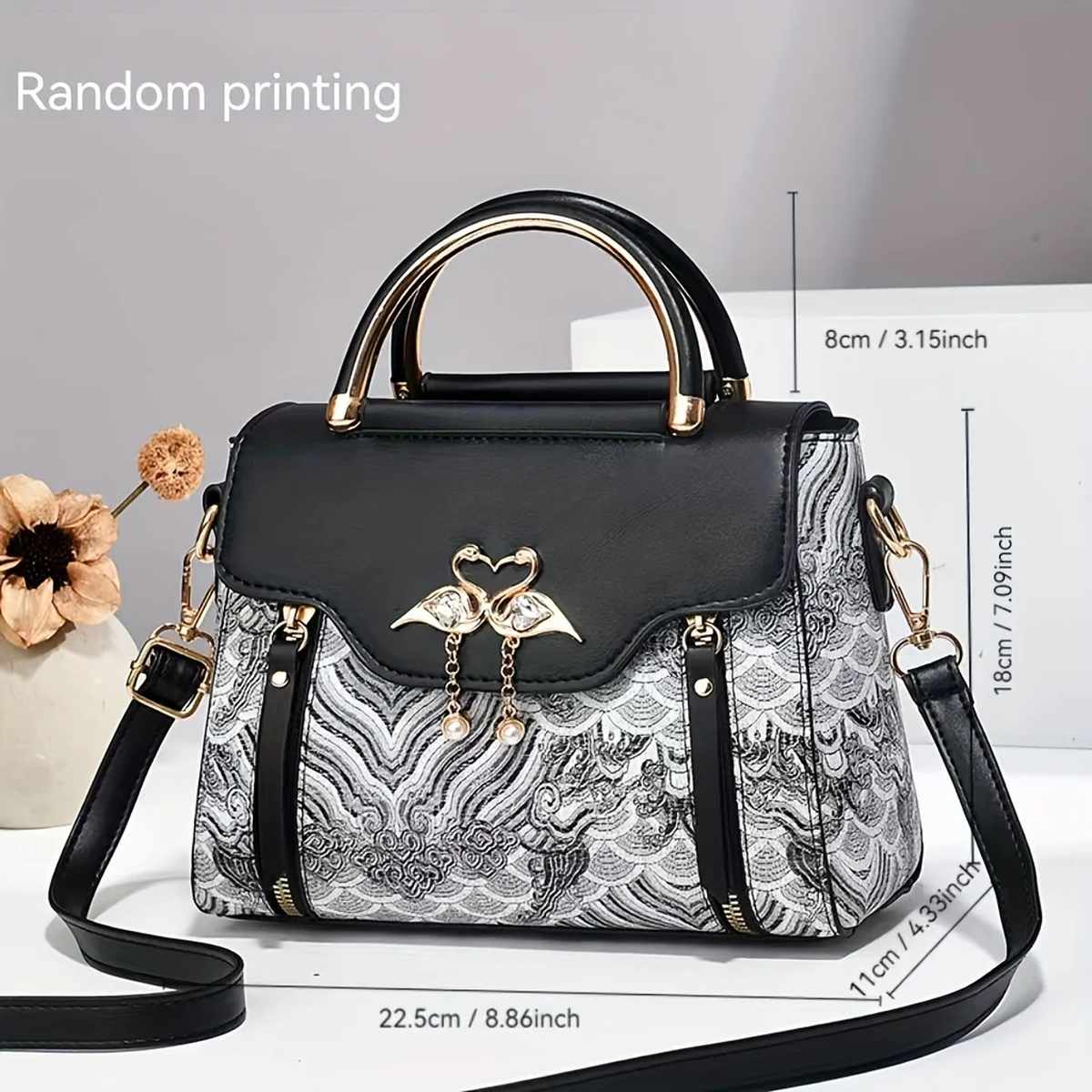 Bird-Charm Printed Shoulder Bag