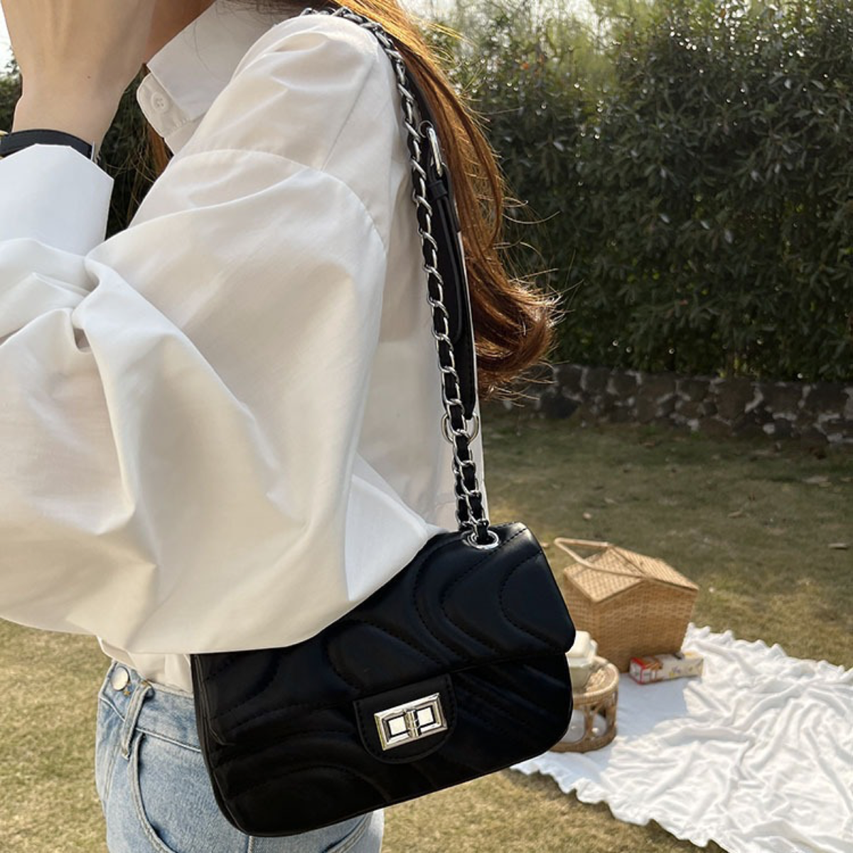 Wave-Quilted Chain Shoulder Bag