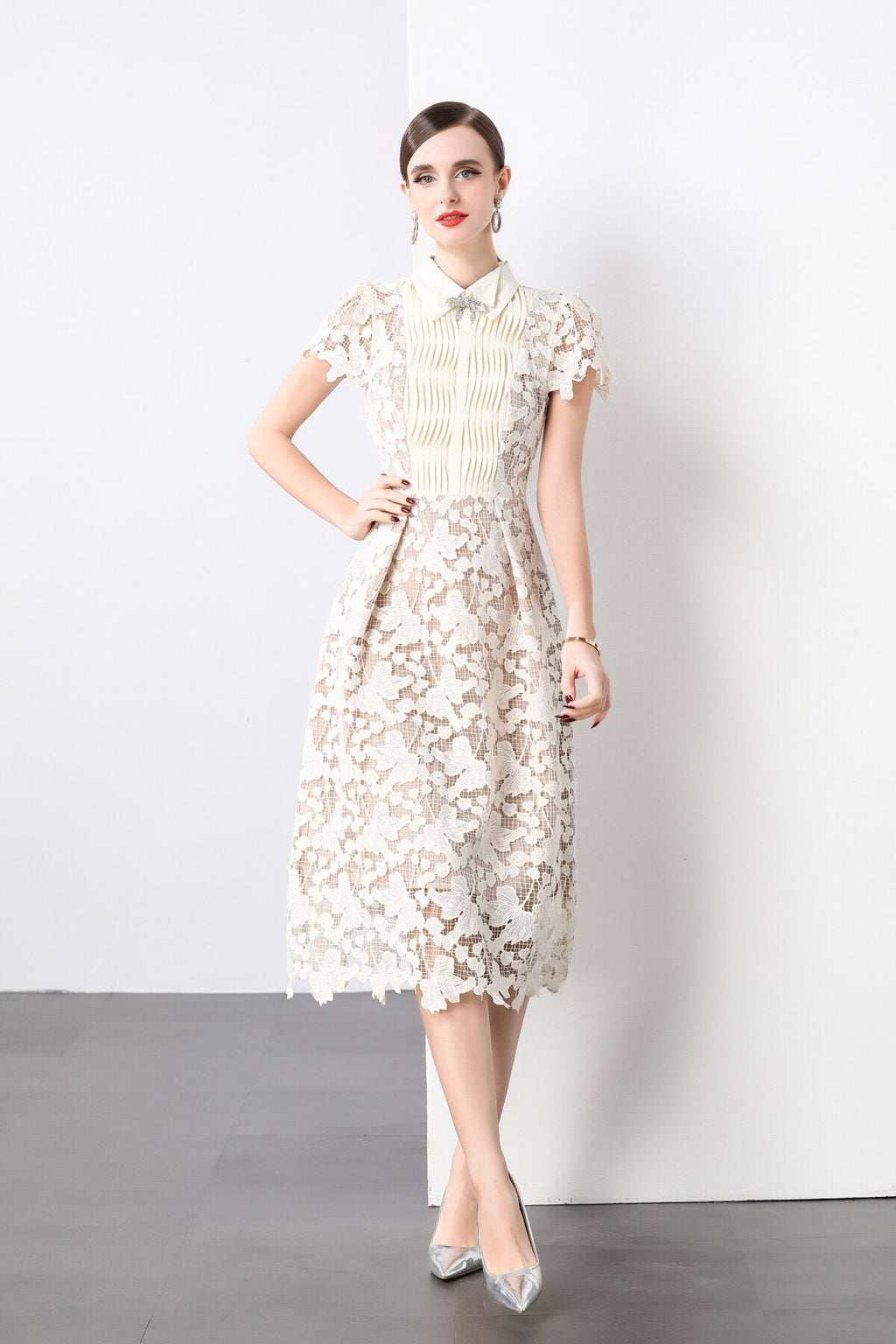 3D Floral Appliqué Bow Tie White Lace Midi Dress-0