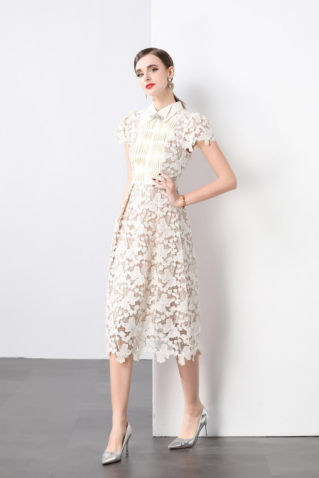 3D Floral Appliqué Bow Tie White Lace Midi Dress