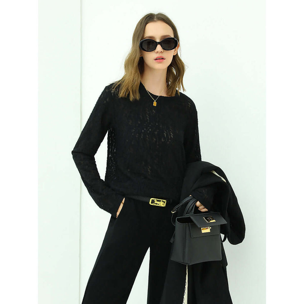 3D Hollow-out Jacquard Black Knit Top-0