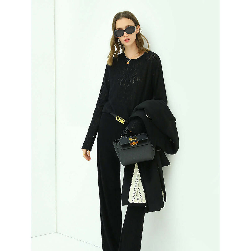 3D Hollow-out Jacquard Black Knit Top-2