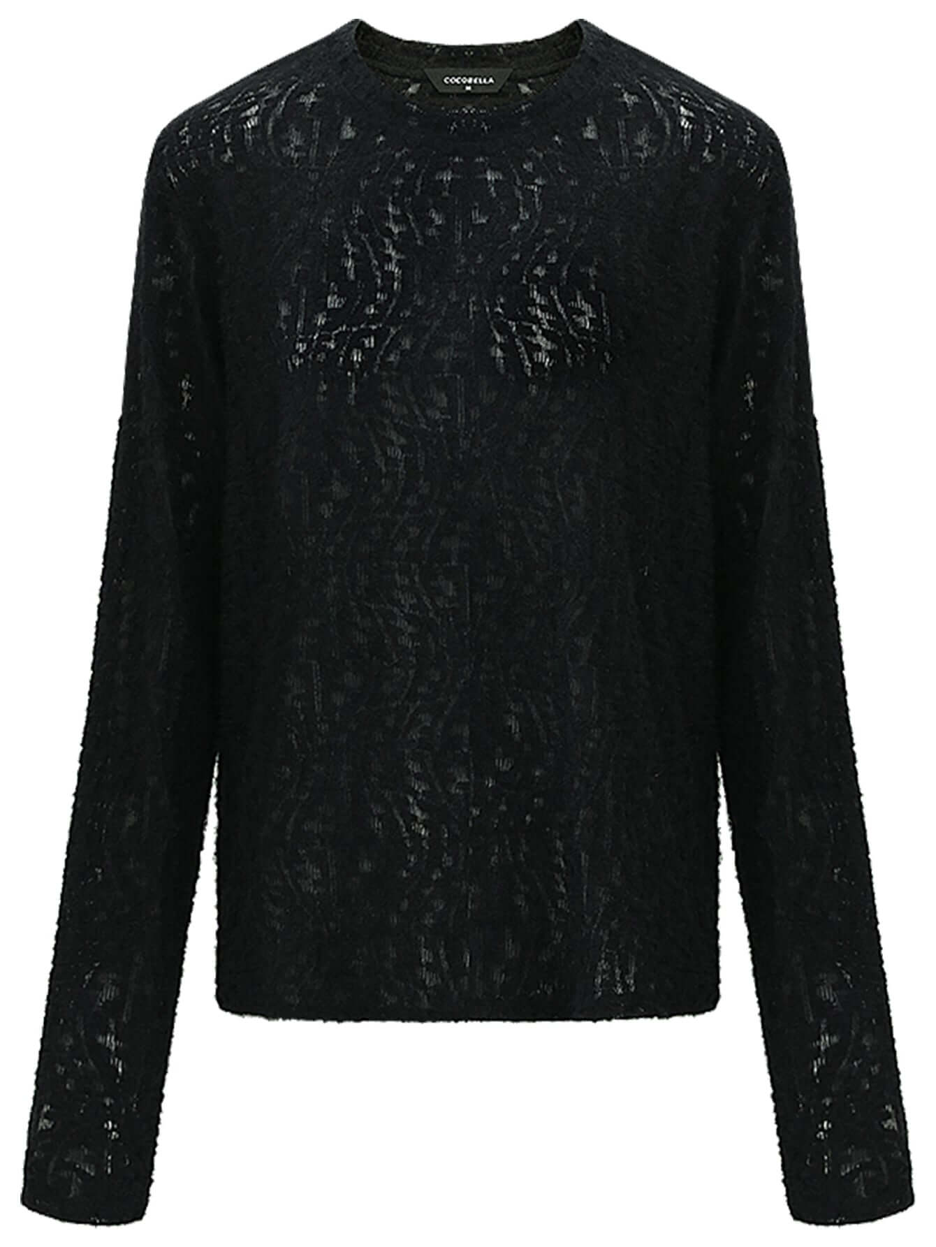 3D Hollow-out Jacquard Black Knit Top-3