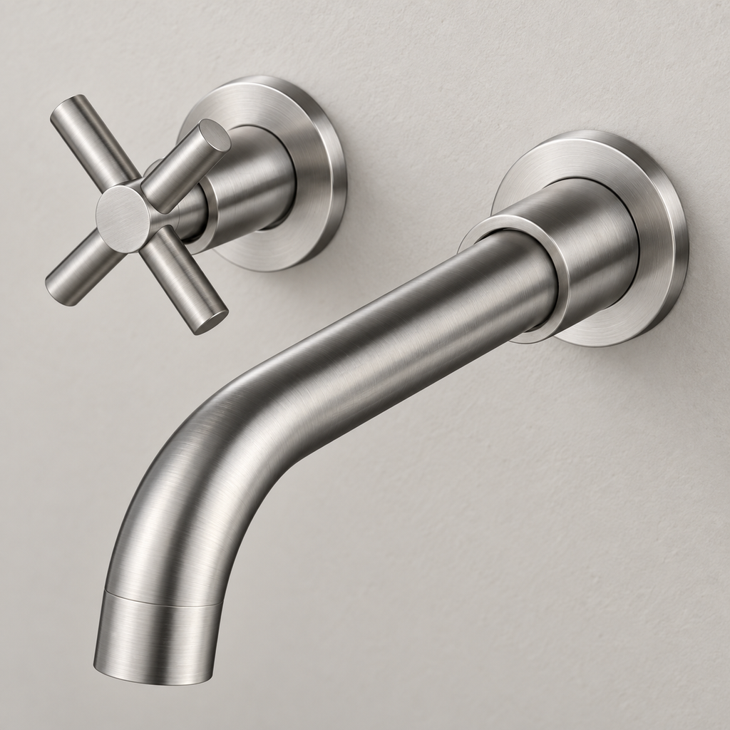 Brushed Silver Cross-Handle Wall Faucet
