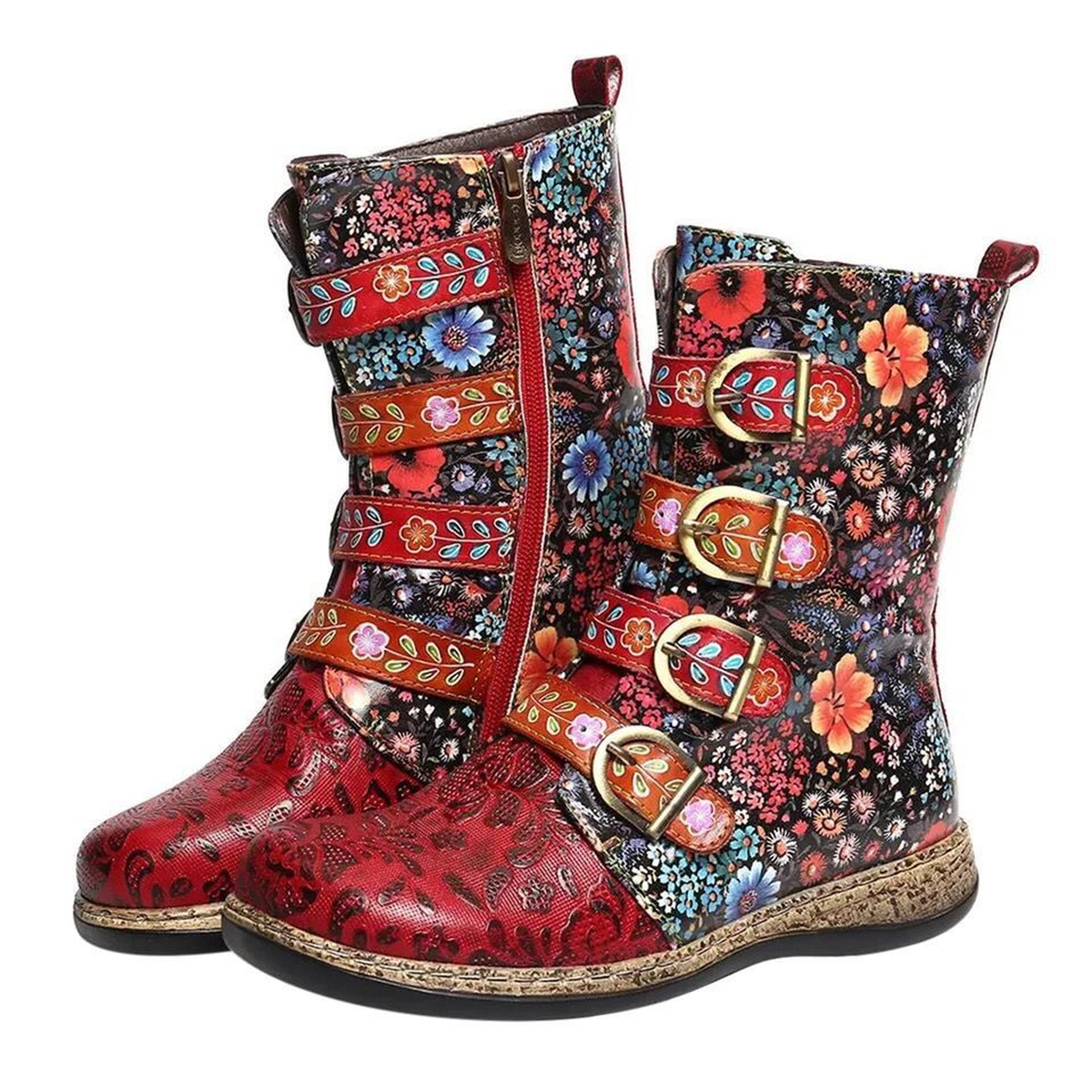 Embroidered Mid-Calf Boots