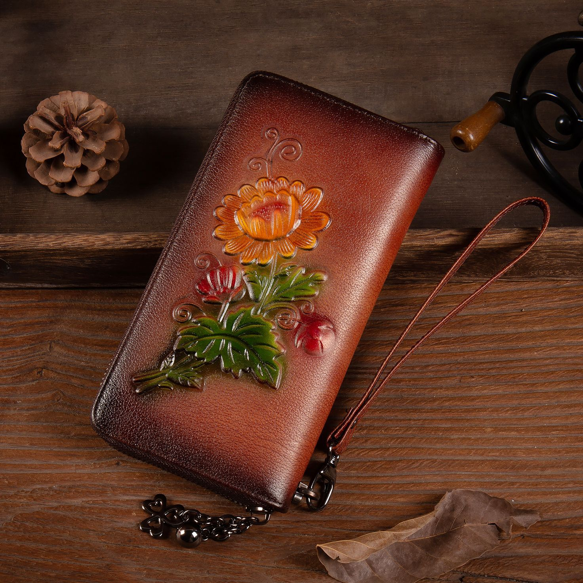 Floral Embossed Leather Zip Wallet