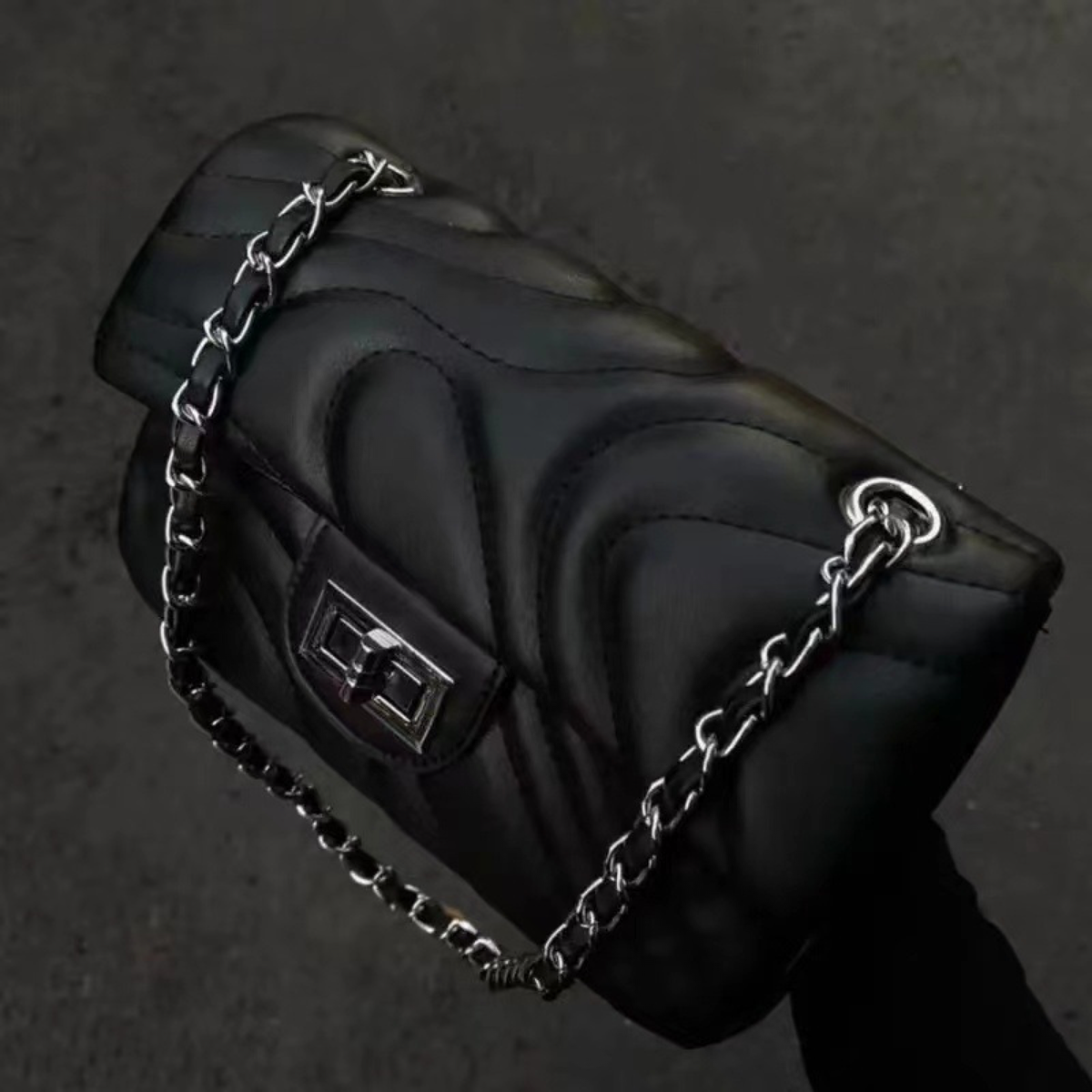 Wave-Quilted Chain Shoulder Bag