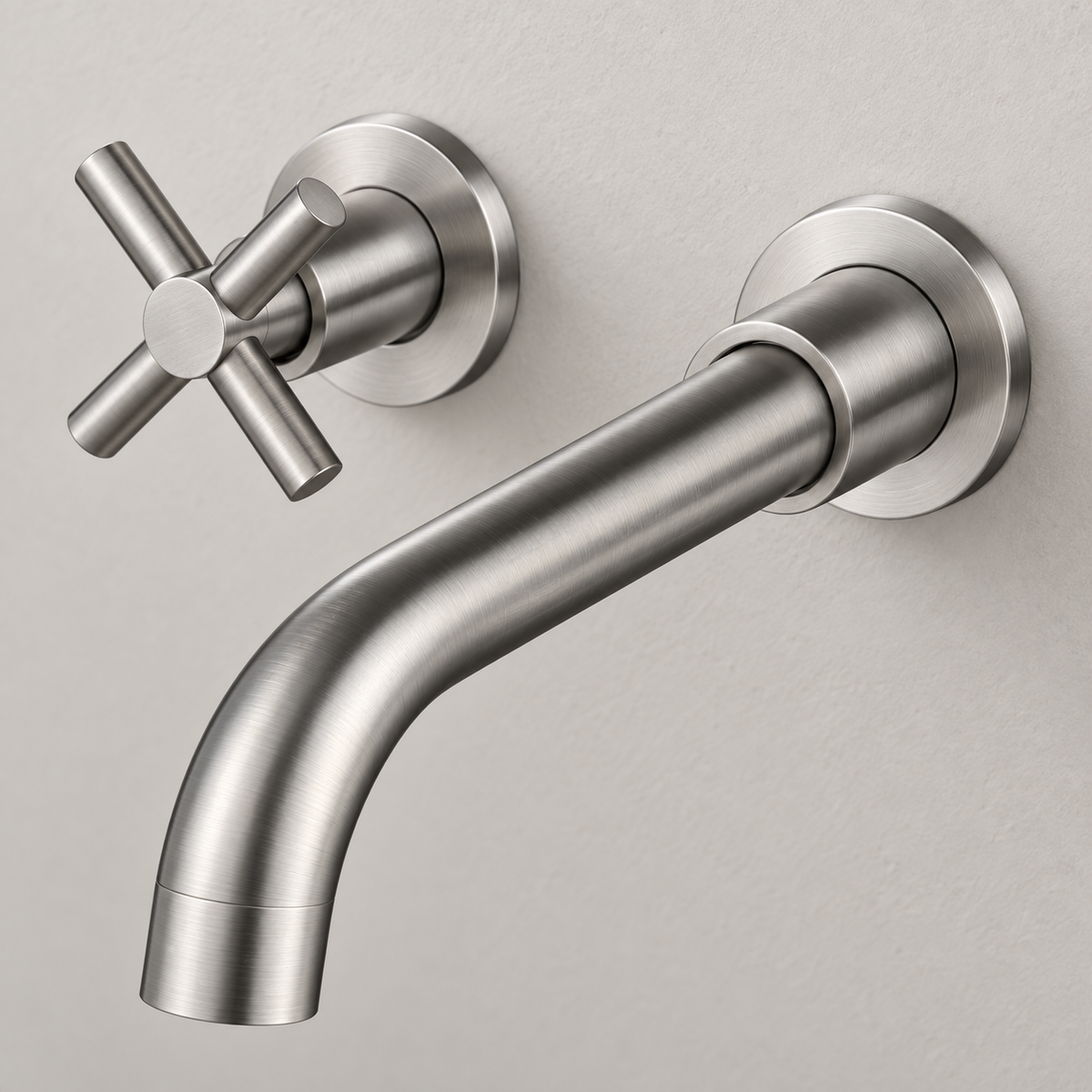 Brushed Silver Cross-Handle Wall Faucet