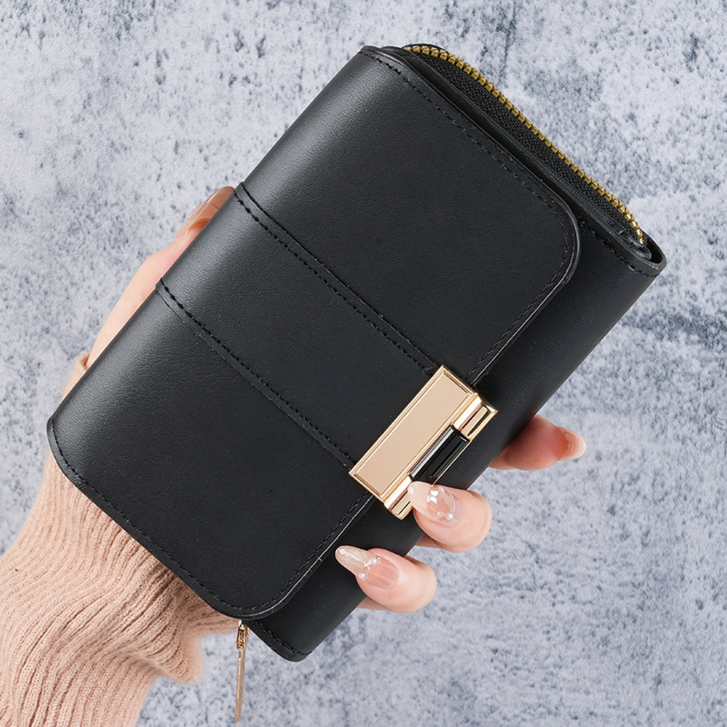 Gold-Clasp Foldover Zip Wallet