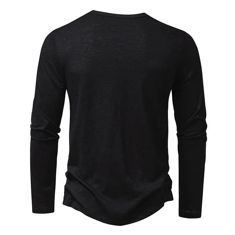 Men's Long-Sleeved T-Shirt Fashion Casual Solid Color Pullover Button Top Autumn And Spring Clothing