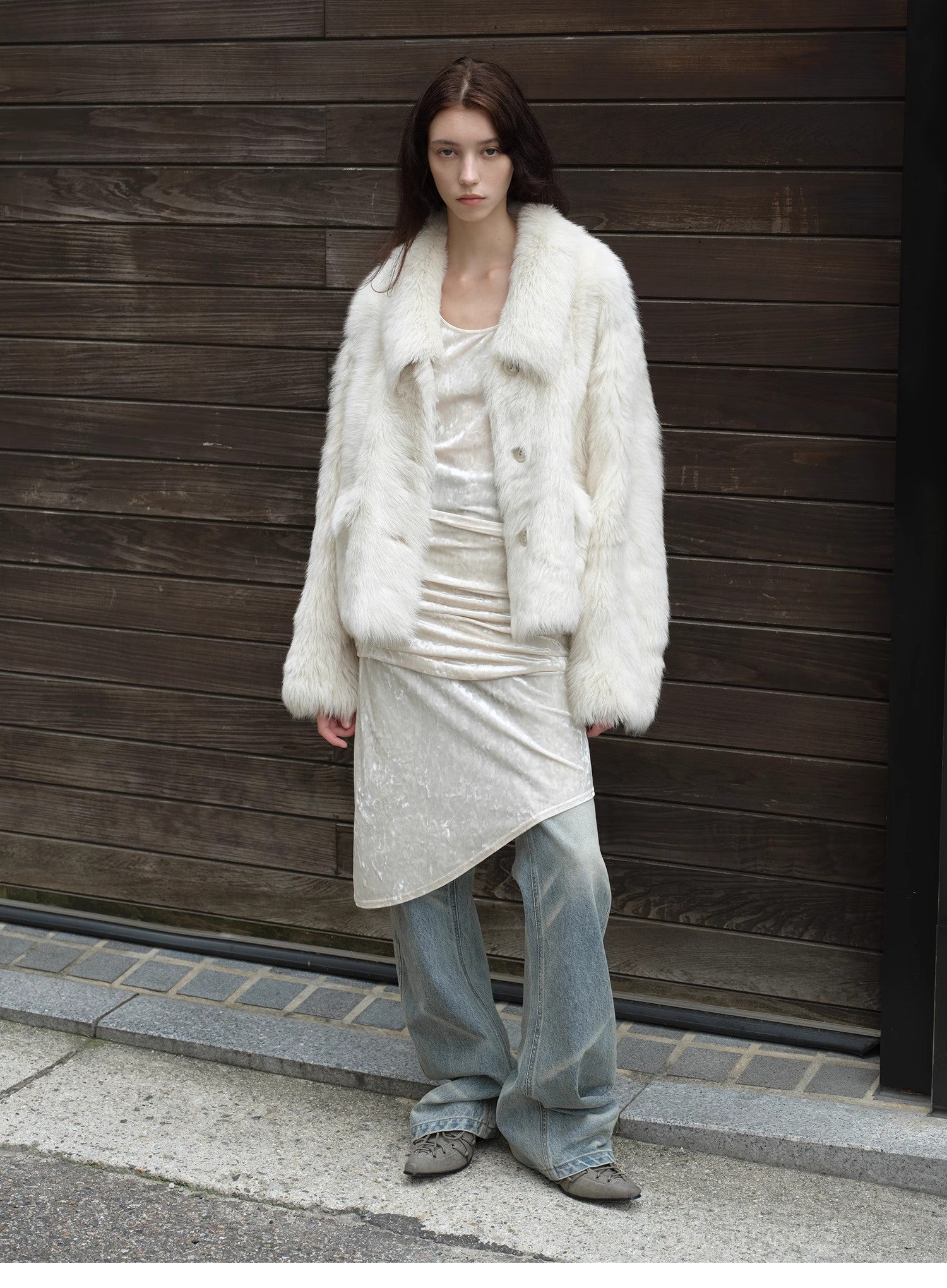 "Dream Walk" long lapel Tuscan wool sheepskin short fur coat for women