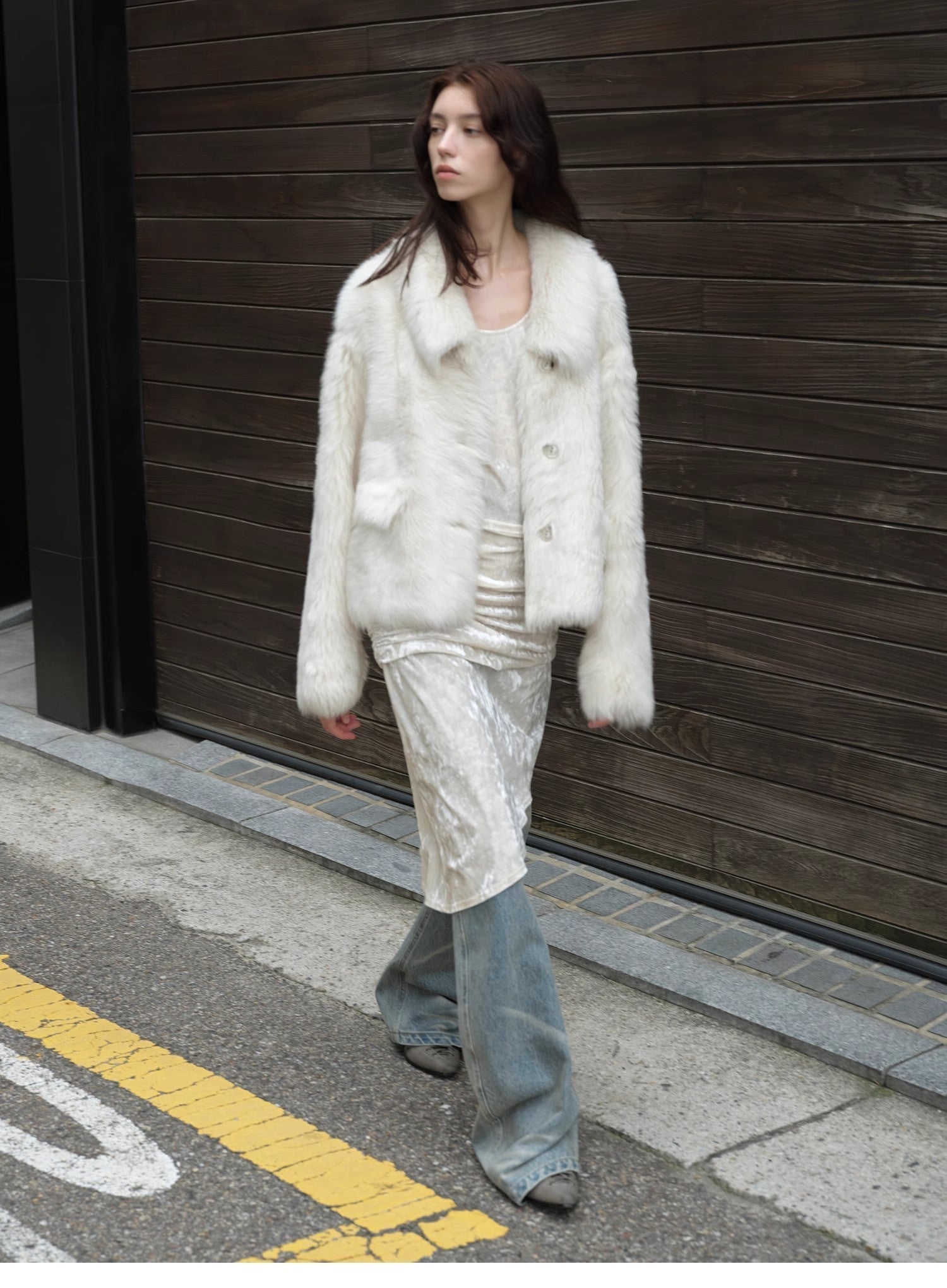 "Dream Walk" long lapel Tuscan wool sheepskin short fur coat for women