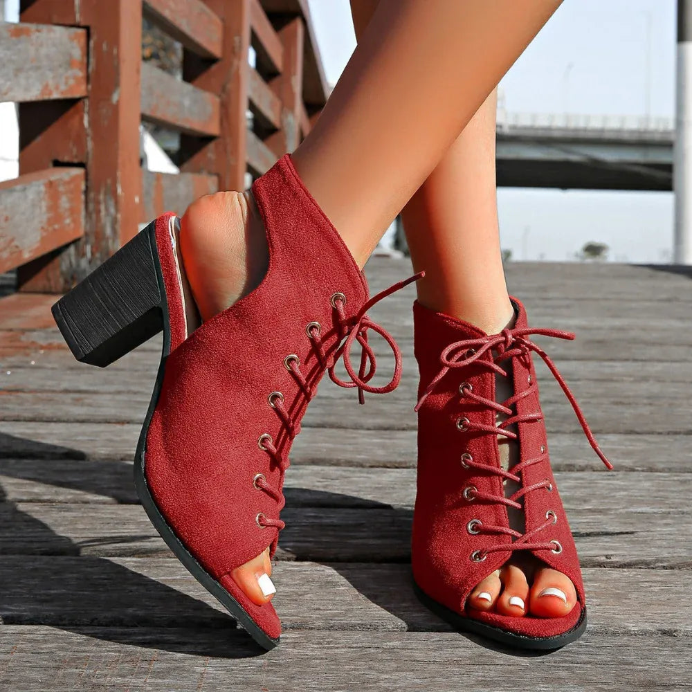 Lace-Up Chunky Heel Sandals Summer Fashion Peep Toe Shoes For Women