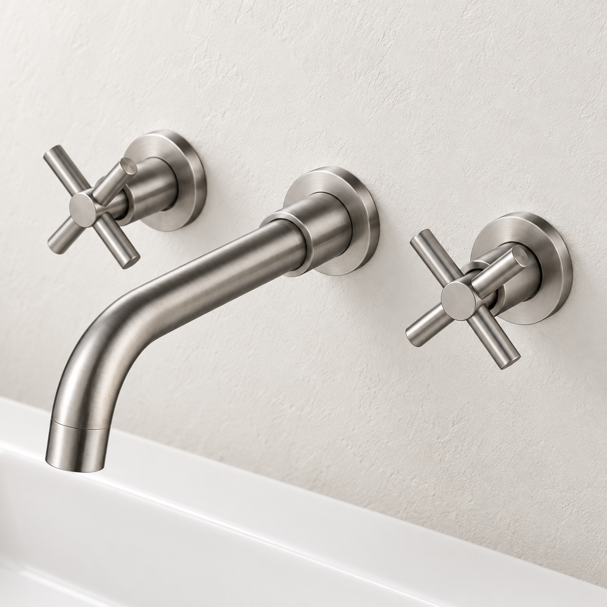 Brushed Silver Cross-Handle Wall Faucet