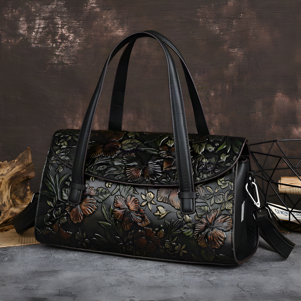 Embossed Floral Leather Shoulder Bag