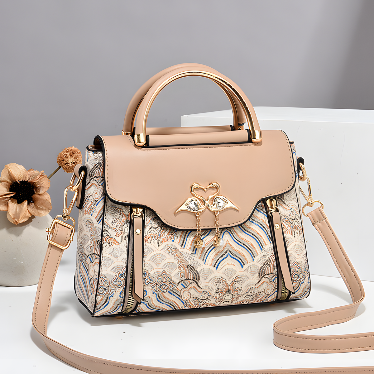 Bird-Charm Printed Shoulder Bag