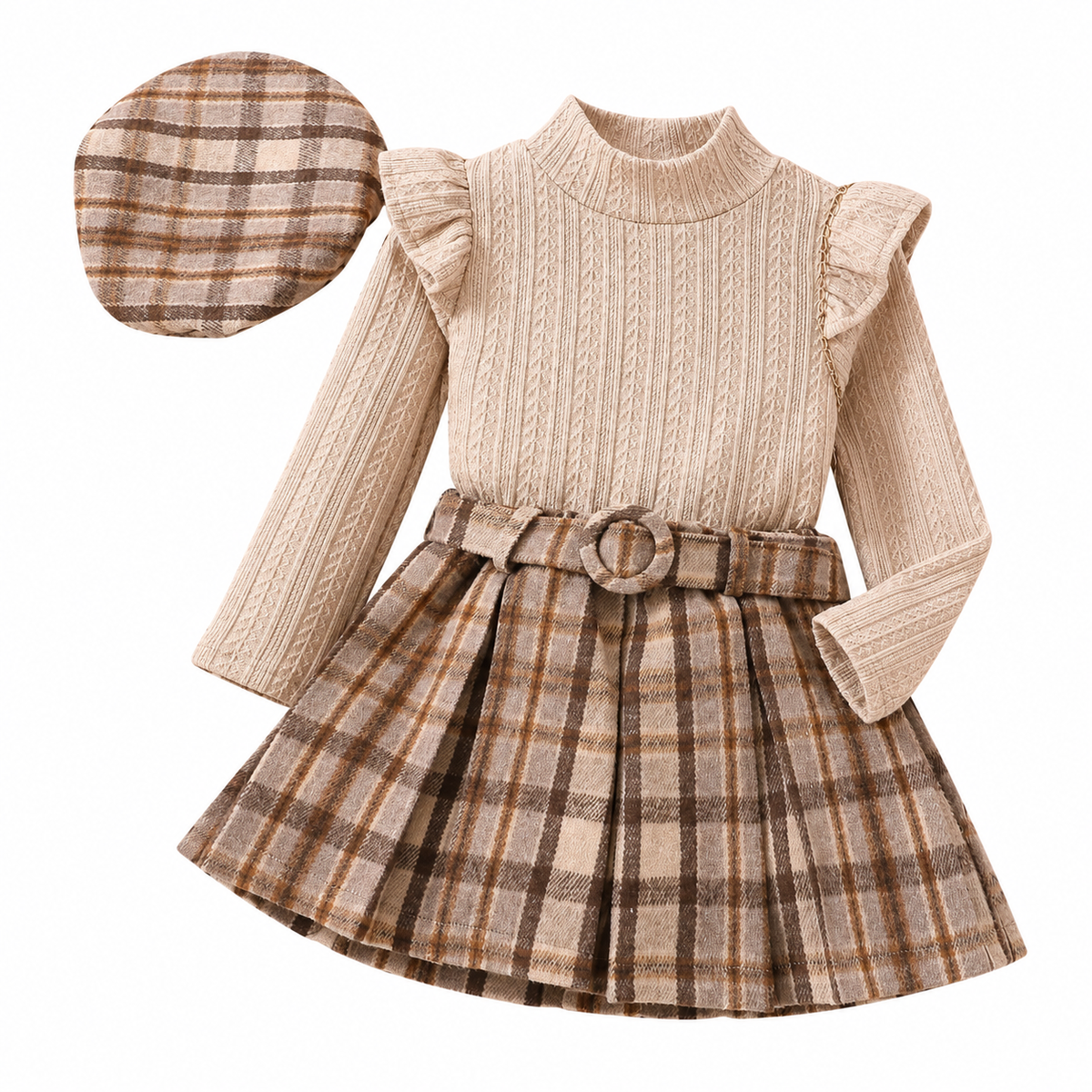 Girls Knit Top and Plaid Skirt Set