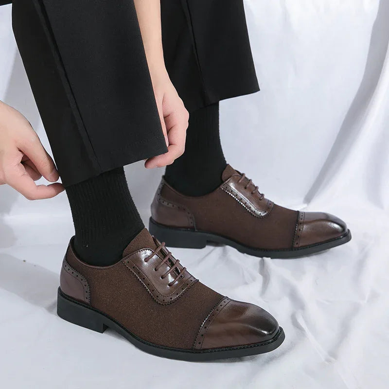 Men's Thick-Soled Round Toe Lace-Up Formal Business Leather Shoes