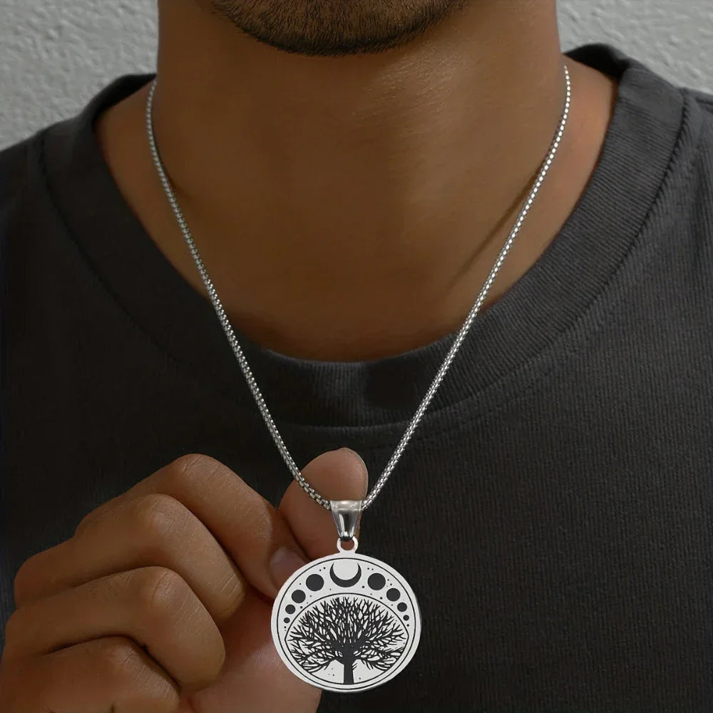 Men's Round Stainless Steel Tree Life Pendant Necklace