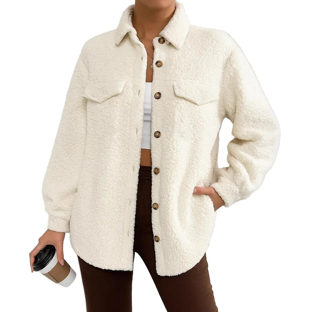 Women's Solid Color Long-Sleeved Lapel Fleece Jacket