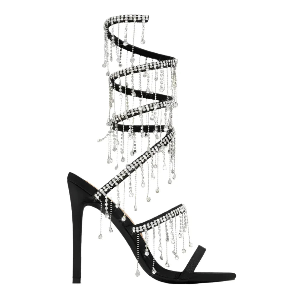 11cm Stiletto Heel Small Round Toe Satin Surface Rhinestone High-Heeled Sandals Summer Rivet