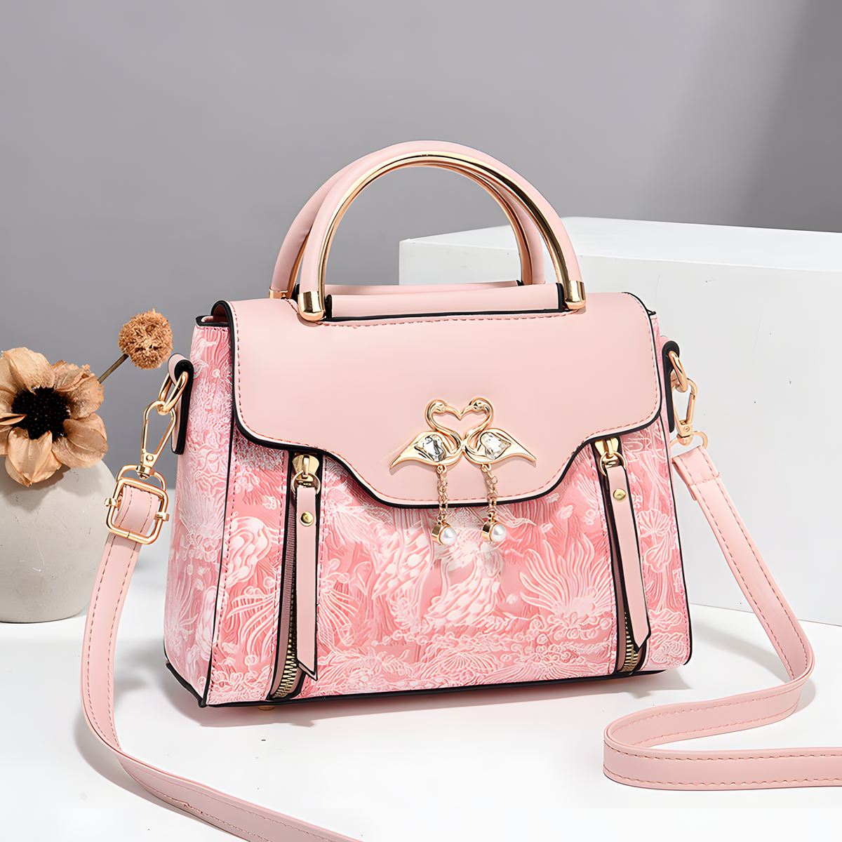Bird-Charm Printed Shoulder Bag
