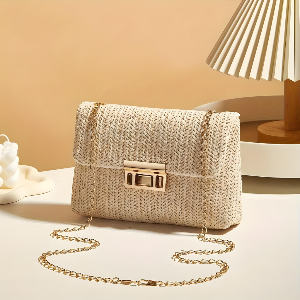 Straw Crossbody Bag With Gold Chain
