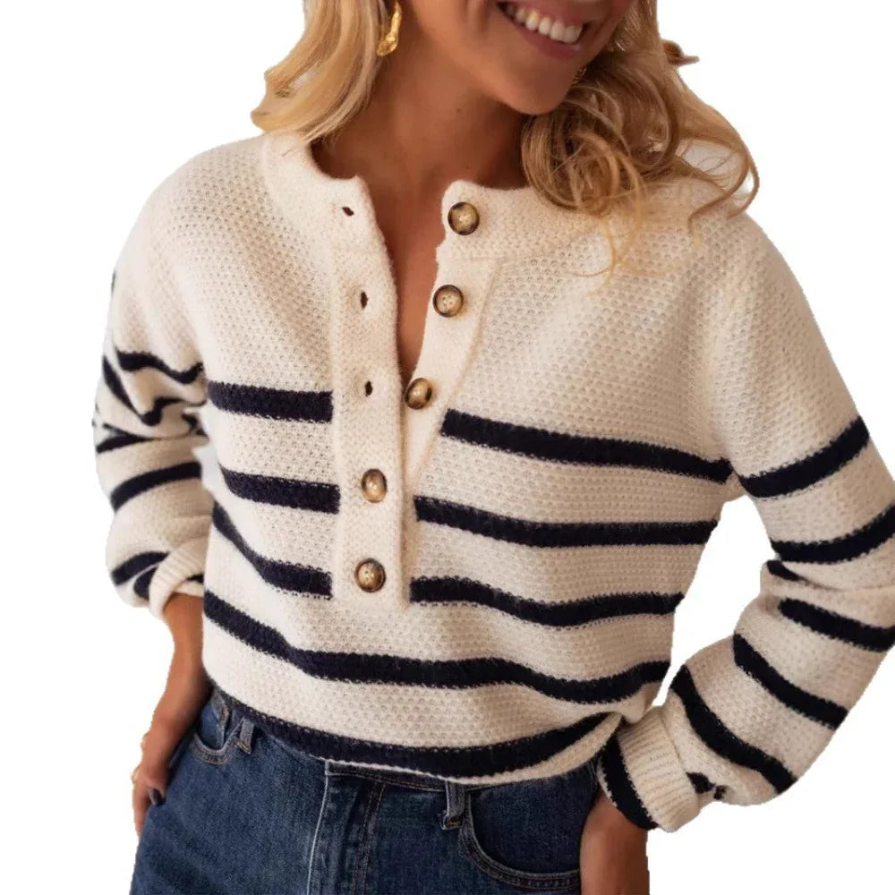 Striped Pullover Top Fashion Cardigan With Buttons Sweater For Women