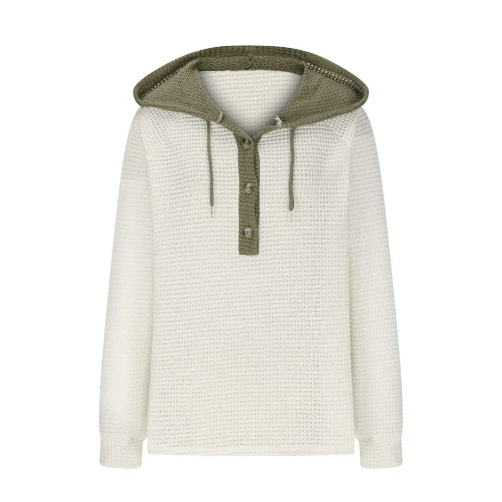 Women's Solid Color Waffle Fabric Hooded Loose Fit Sweater Long Sleeve Sweatershirt