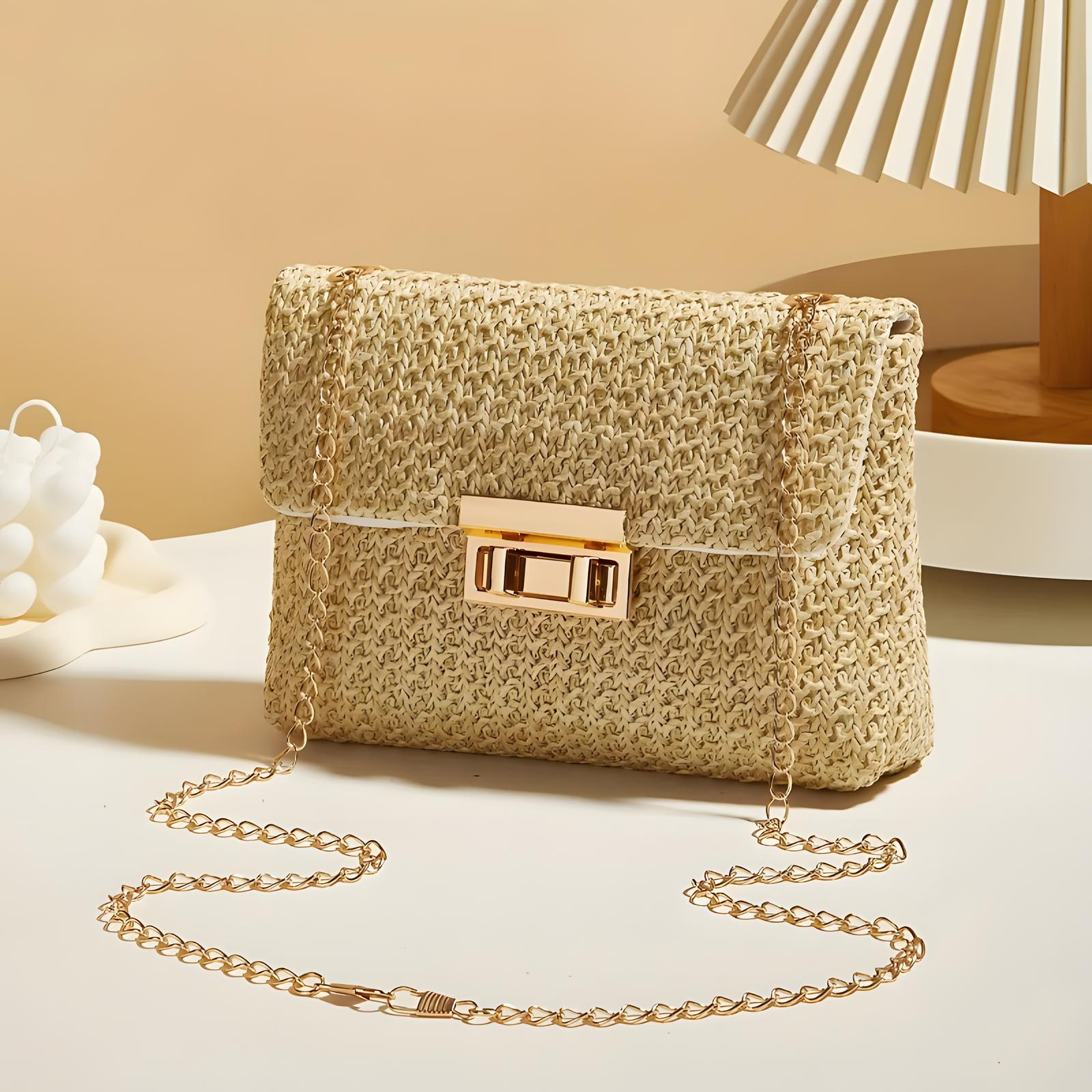 Straw Crossbody Bag With Gold Chain