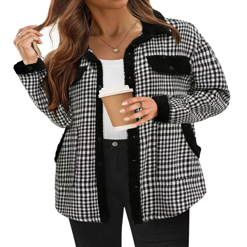 Contrast Color Plaid Jacket Casual Polo Collar Velvet Coat For Women
