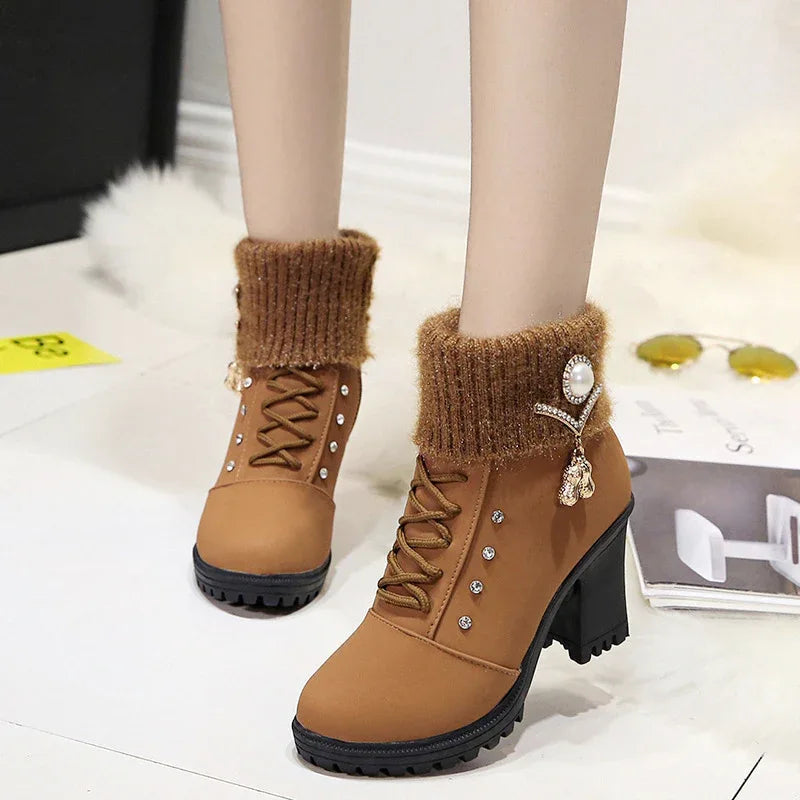 Women's Chunky Heel Lace-Up Rhinestone Martin boots